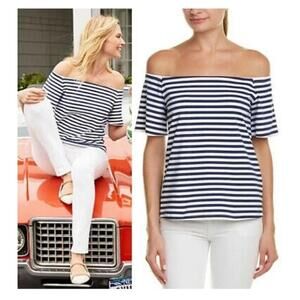J. McLAUGHLIN Nomi Catalina Cloth Off Shoulder Top navy blue striped Size Medium